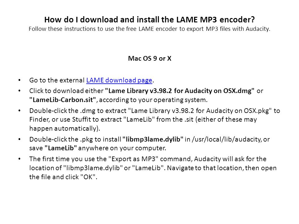 lame library v3 98.2 for audacity on osx dmg